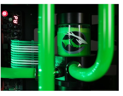 NCIX Guardian extreme gaming PC - coolant reservoir with FireCuda logo