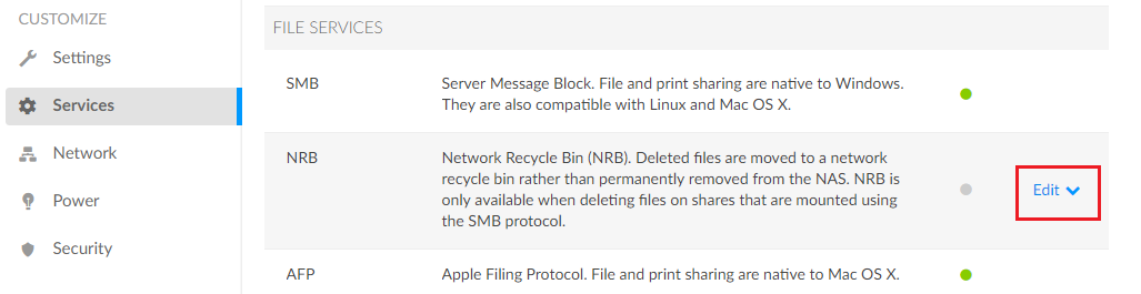 Edit Network Recycle Bin Service