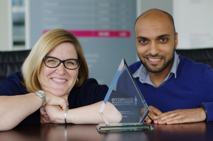 Michelle Dyos (EMEA partner program manager) and Wahid Issa (EMEA partner program operations) pose with the Storage Award