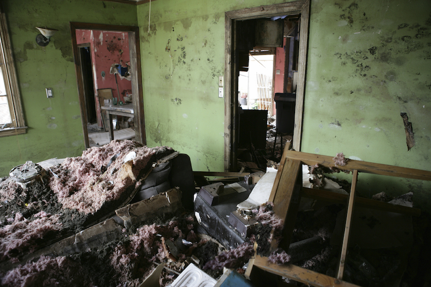 Living room damage after hurricane