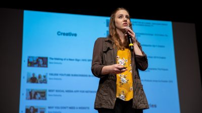 Sara Dietschy speaks on stage at Buffer Festival 2018